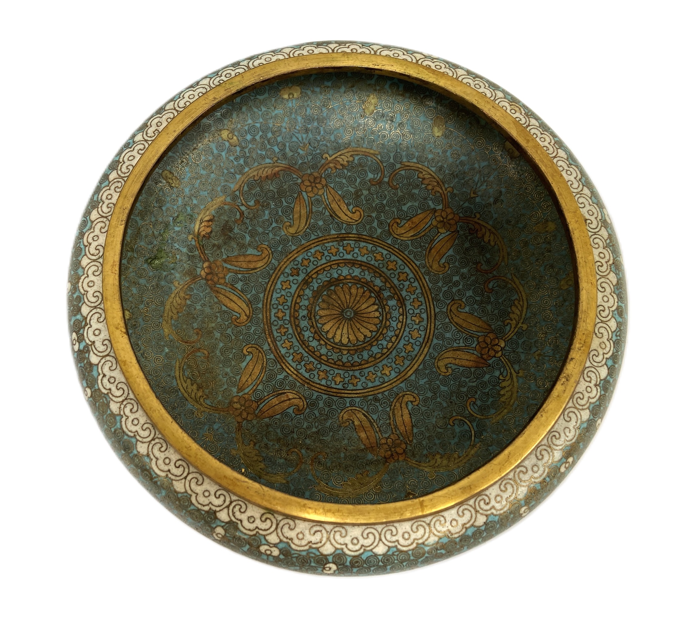 A Chinese cloisonné bowl, with stylised decoration on a light blue ground, four character mark to - Image 4 of 5