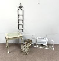 Assorted items including a grey painted side table, a set of hat hooks and a wall mounted hall