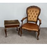 A Victorian style button upholstered easy chair, with padded arms and cabriole legs; also a piano