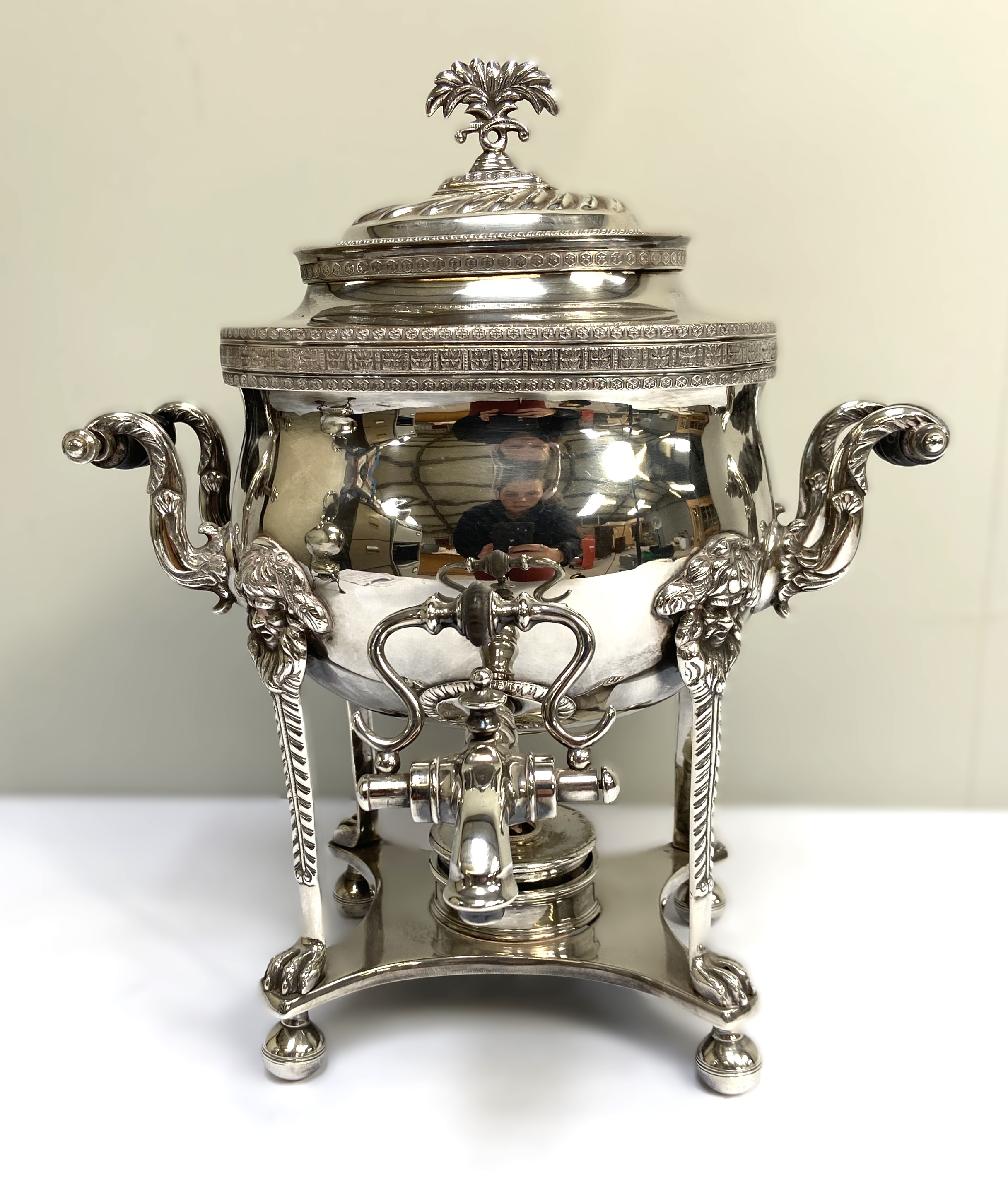 An Old Sheffield Plate samovar, 19th century, with twin ebonised side handles, a tap mounted urn and - Image 6 of 9