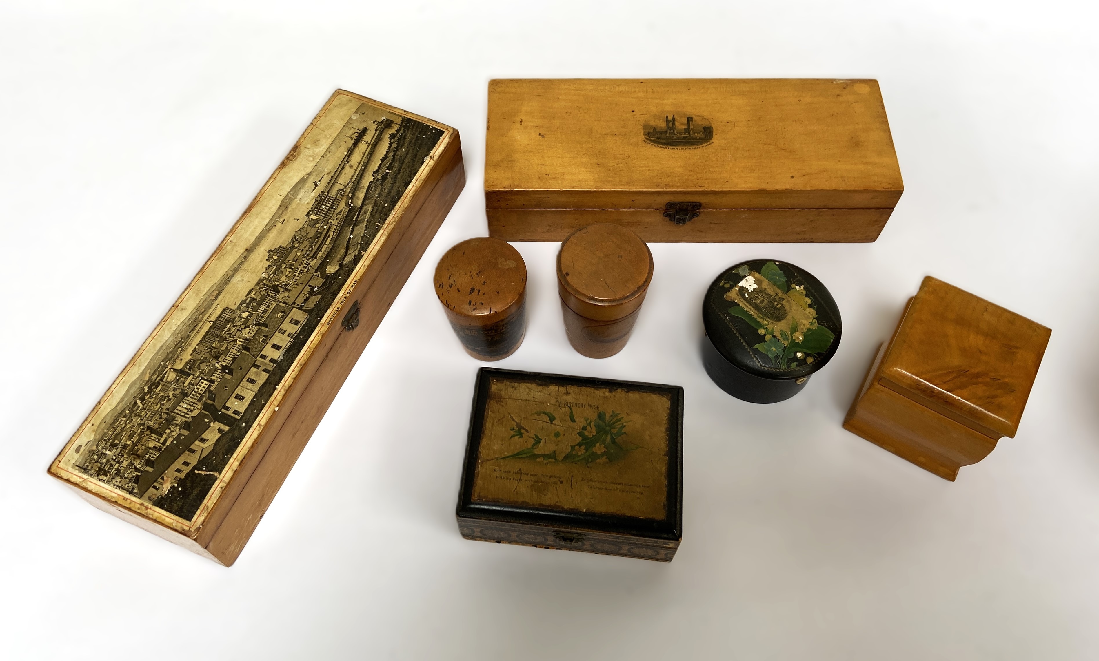 A selection of Victorian Mauchline boxes, including a glove box with print of Ruins of St Regulus, - Image 3 of 5