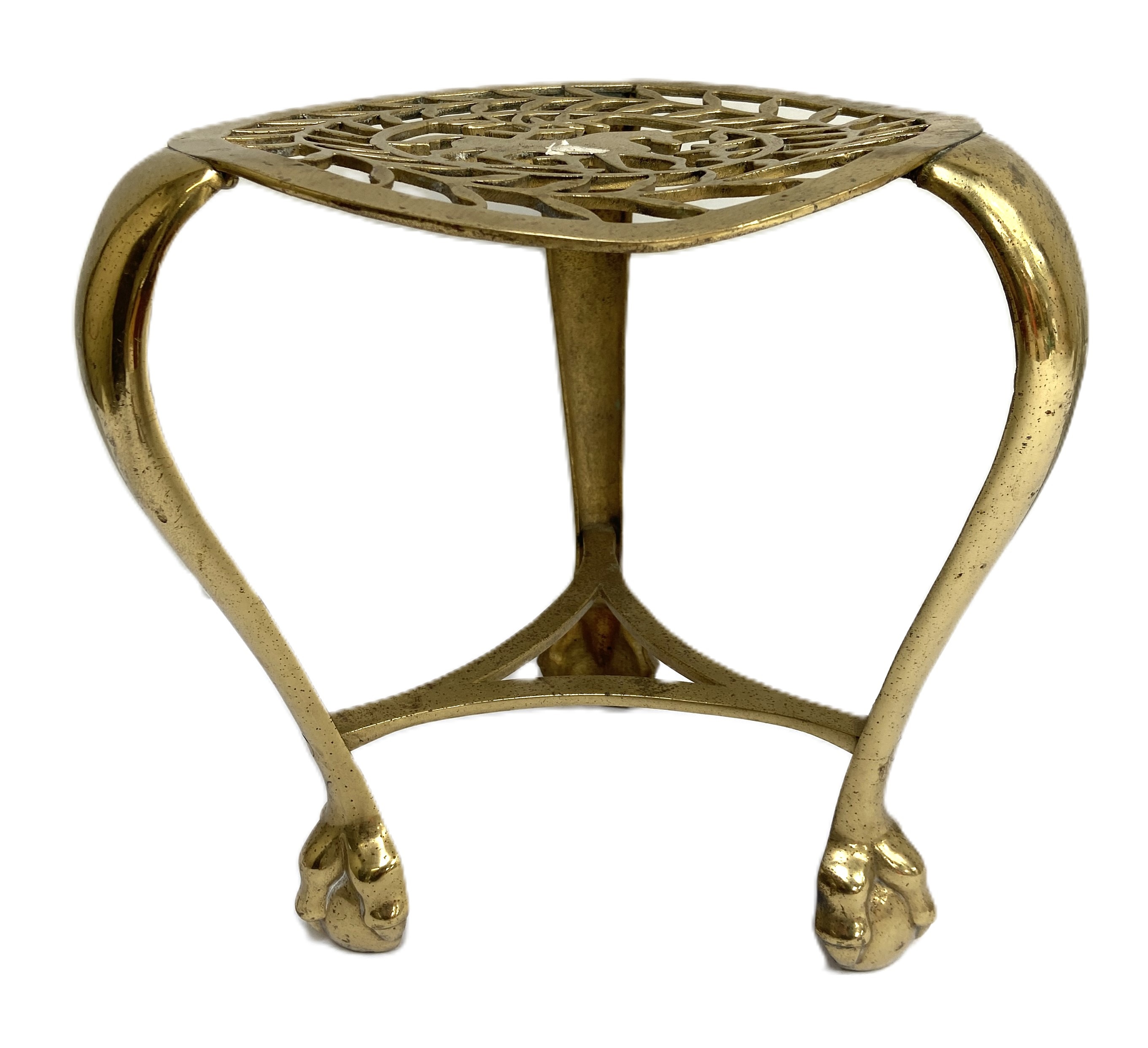 A 19th century brass horse mounting stool, with three legs and cented by a fretwork cut horse; - Image 4 of 5