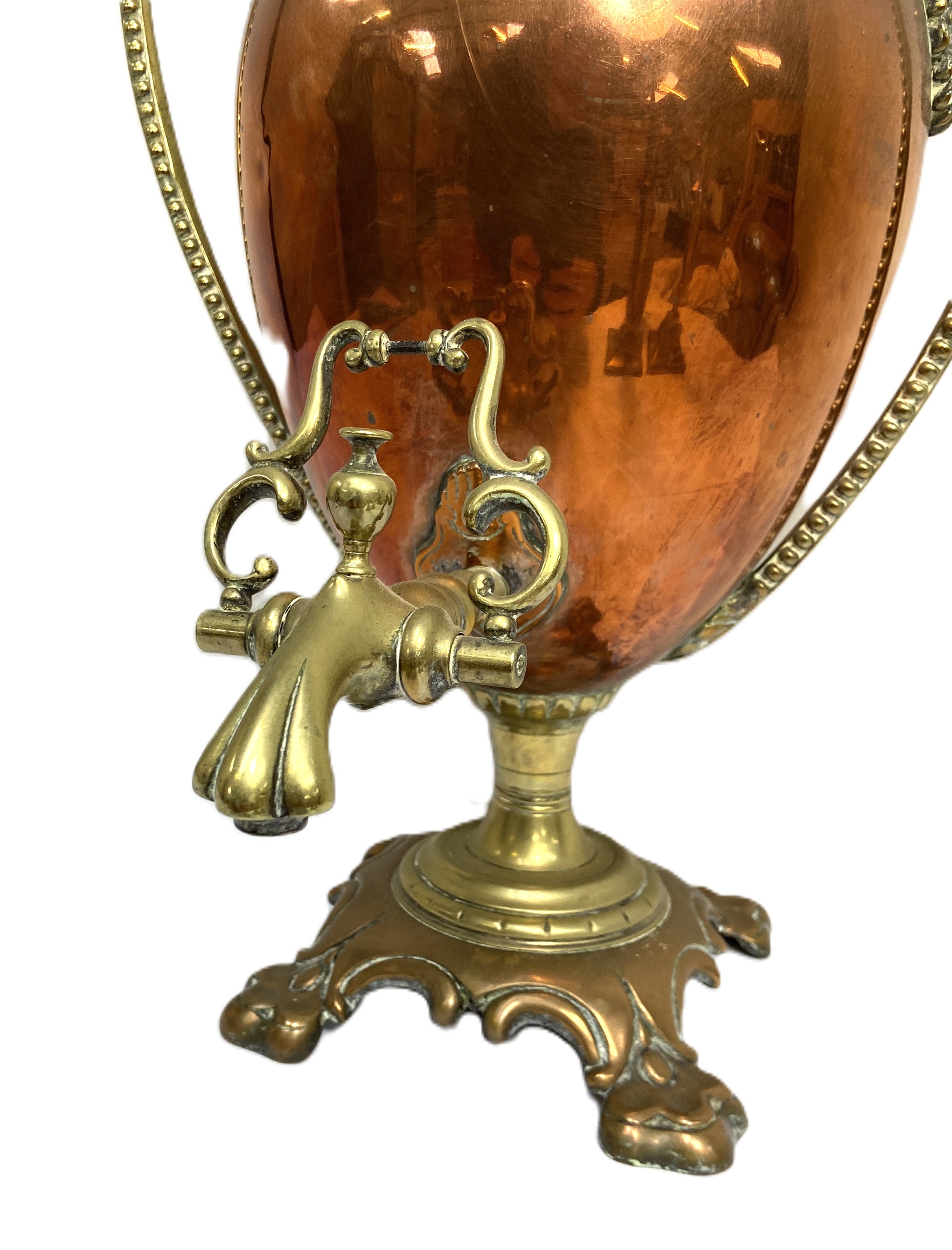 A 19th century copper and brass samovar, together with a pair of large brass candlesticks, the - Image 3 of 6