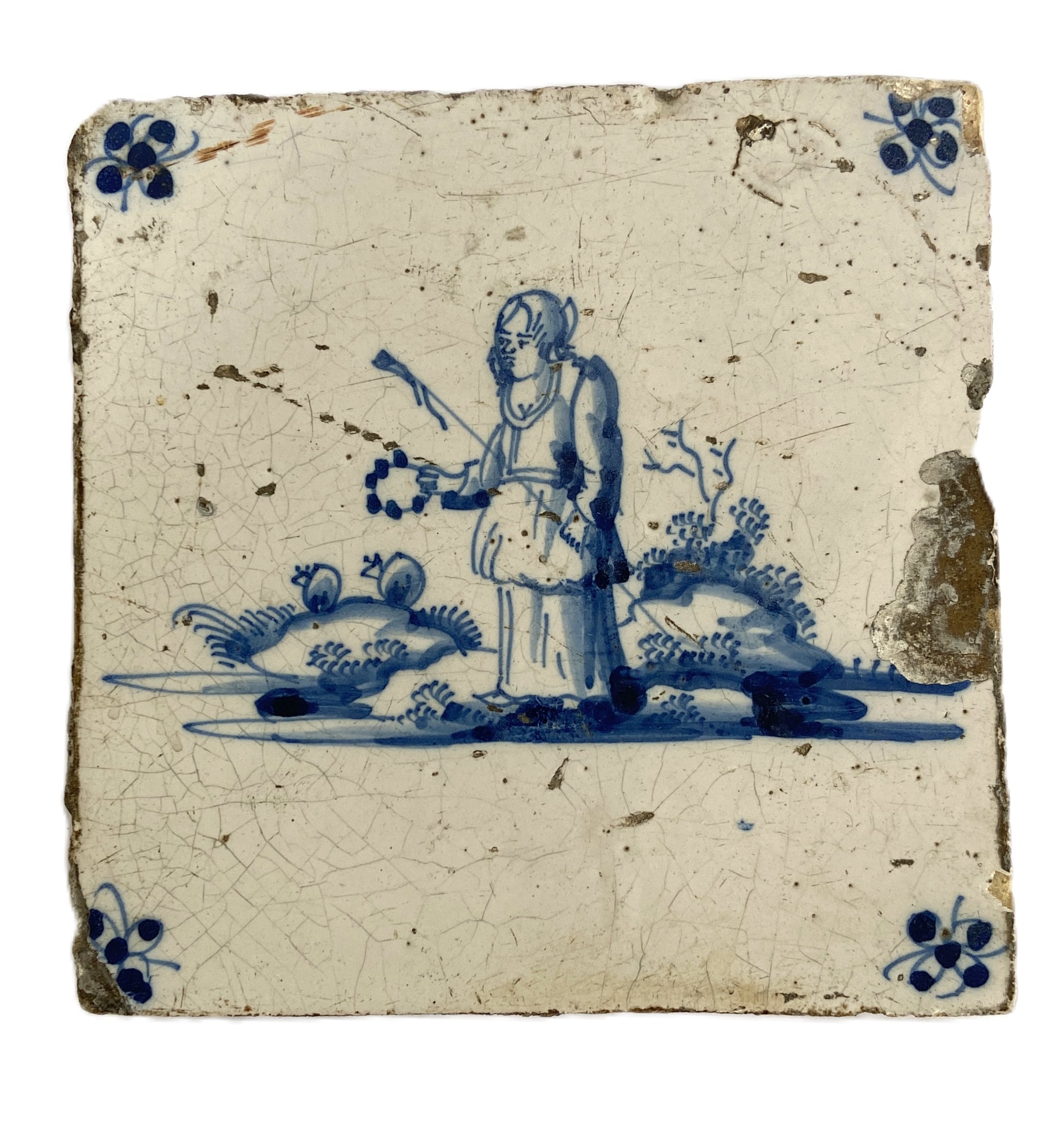 Two Dutch Delft tin glazed blue and white decorated tiles (apparently found in an Amsterdam cellar); - Image 4 of 5