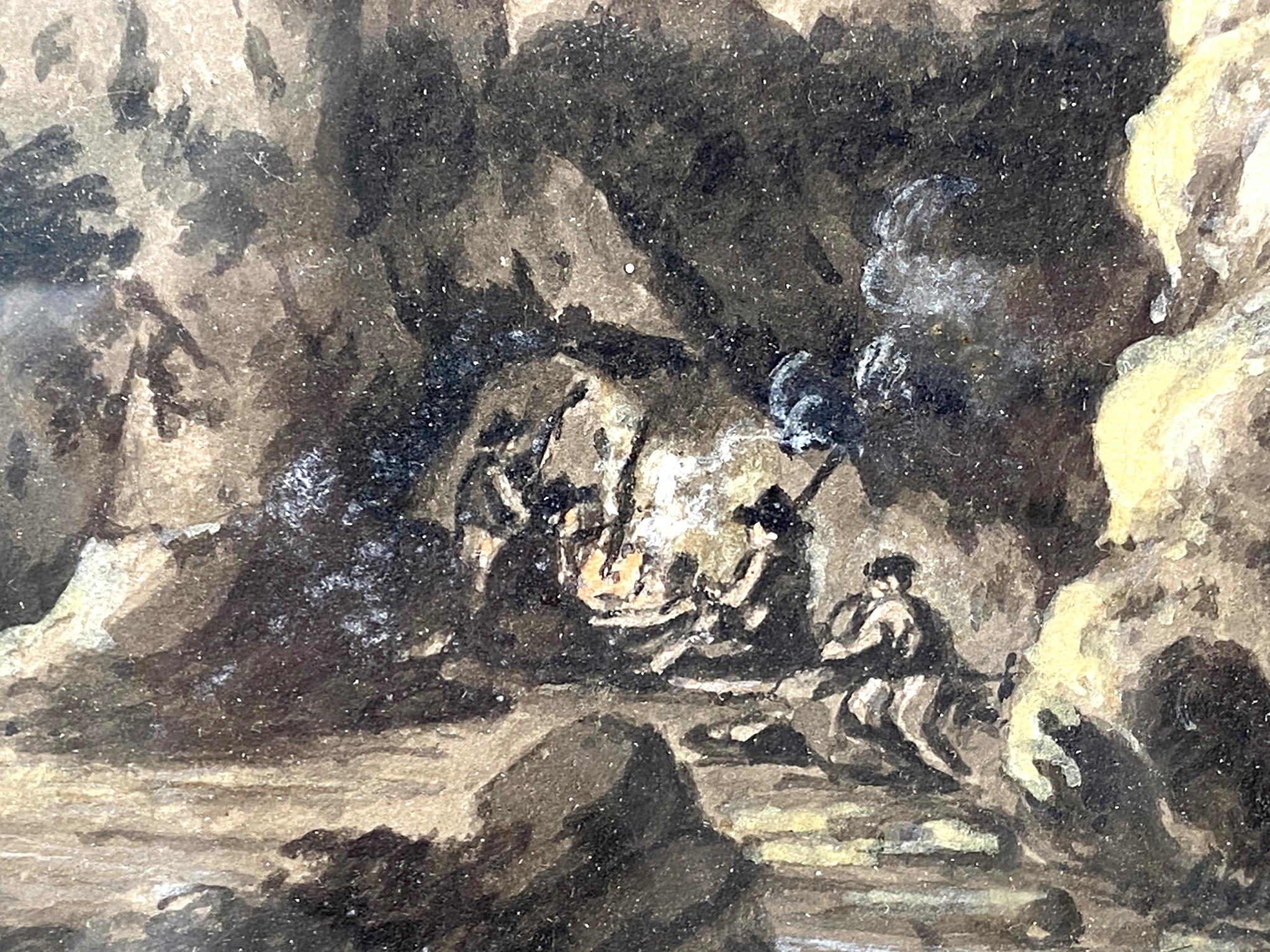 FRENCH SCHOOL, 19TH CENTURY, Travellers by the fire, nocturne, watercolour and white heightening,