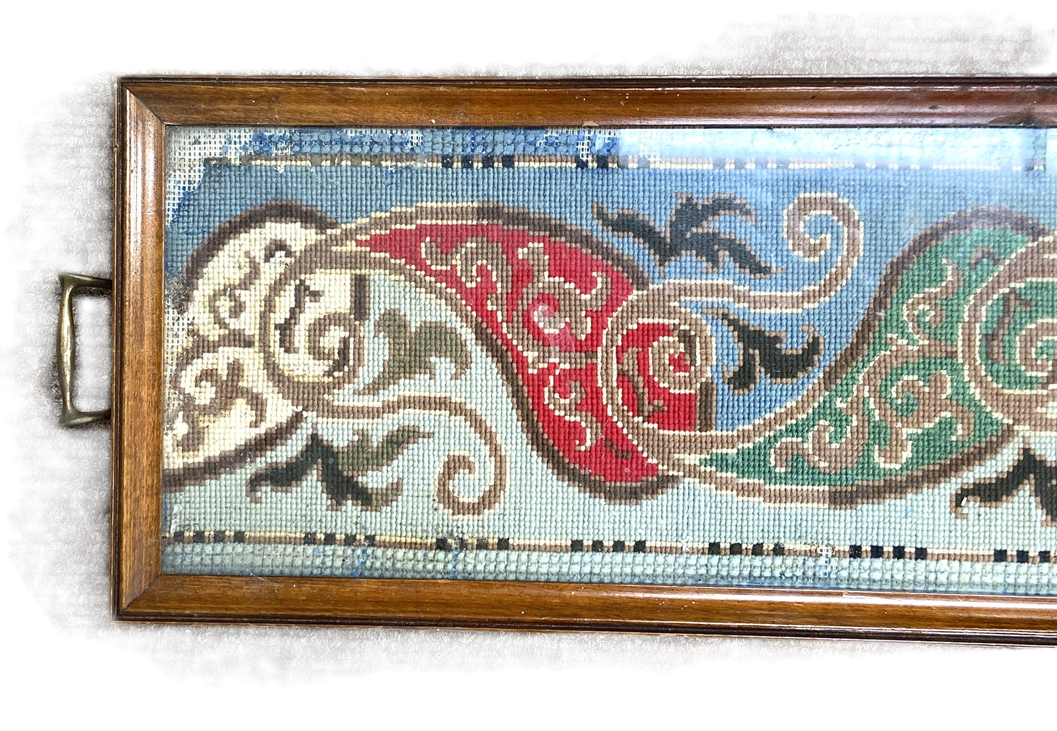 A Victorian decorative tapestry inset tea tray, with brass side handles; also a tapestry inset - Image 3 of 7