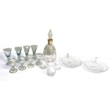 A selection of glassware, including three Victorian etched glass tumblers, dated 1875; a silver