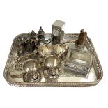 Assorted silver plate and related metalware, including a candle sniffer, various condiments, egg