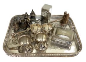 Assorted silver plate and related metalware, including a candle sniffer, various condiments, egg