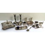 Assorted silver plate, including two pairs of candlesticks, a covered vegetable tureen, a gravy boat