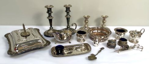 Assorted silver plate, including two pairs of candlesticks, a covered vegetable tureen, a gravy boat