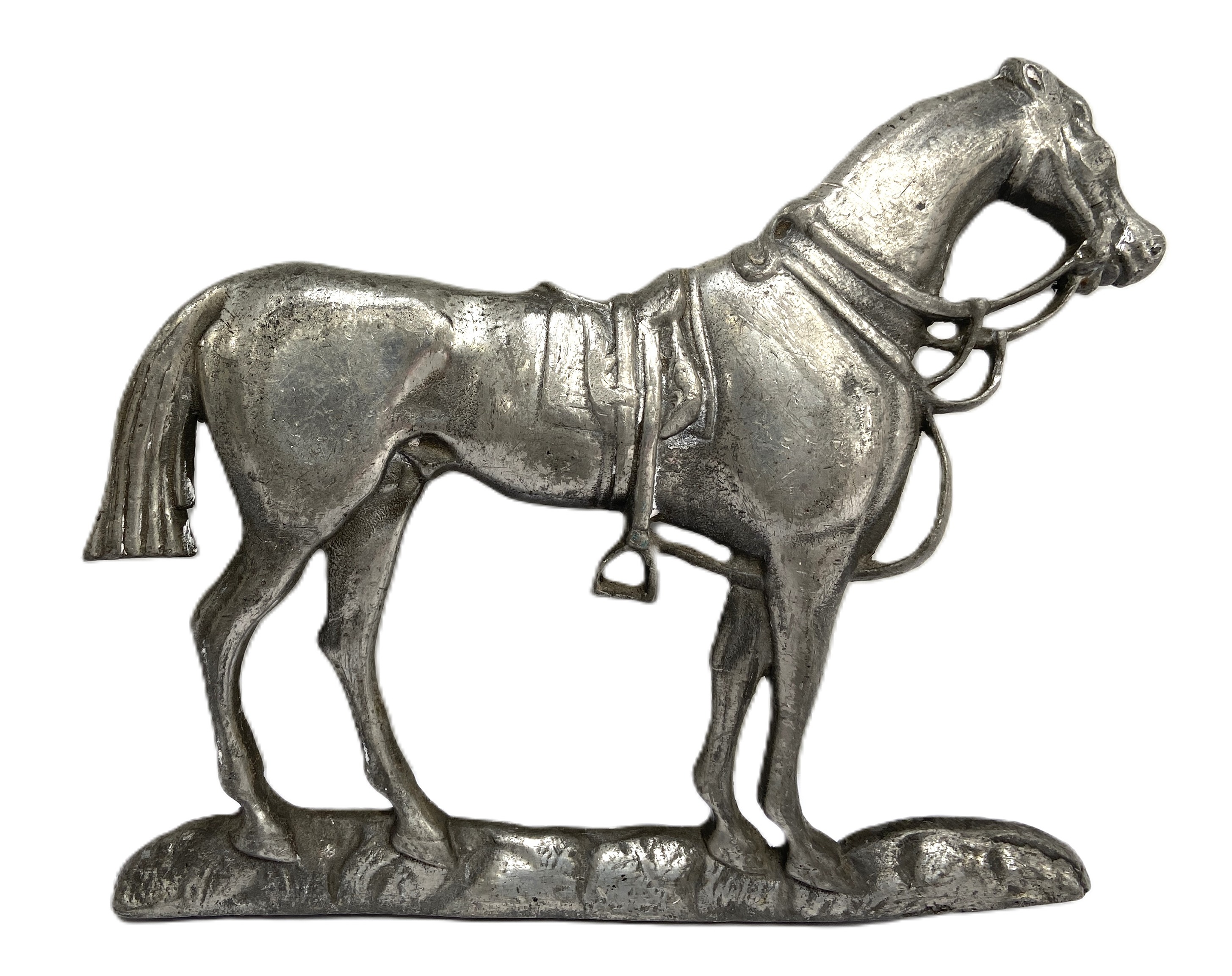 A 19th century brass horse mounting stool, with three legs and cented by a fretwork cut horse; - Image 3 of 5
