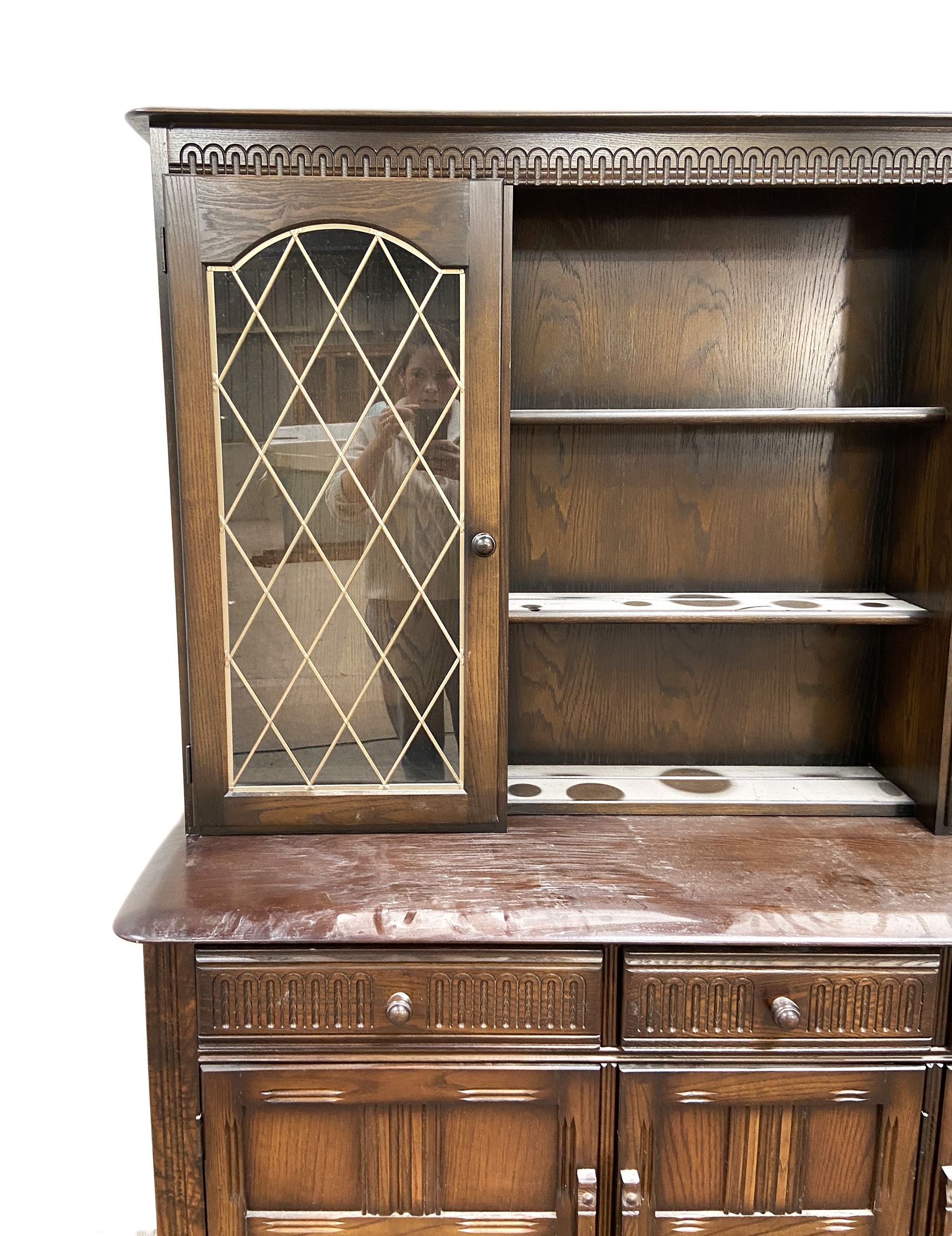 A vintage oak Jacobean style dresser, 20th century, the top with glazed cabinets and pot shelves, - Image 2 of 5