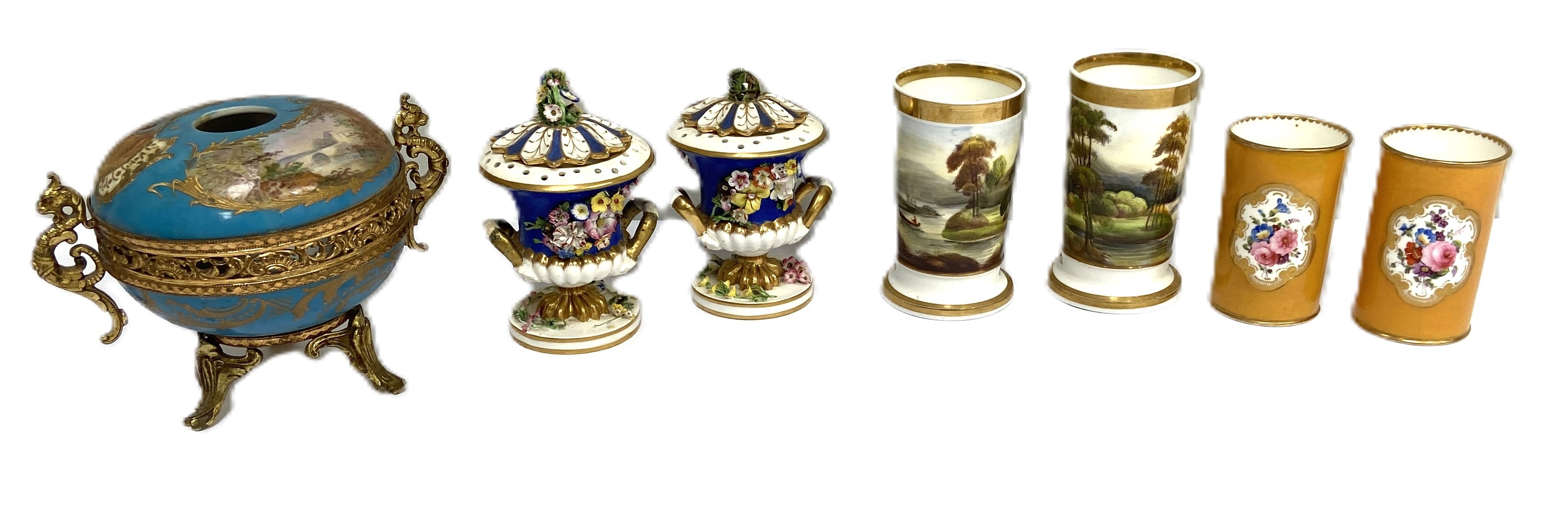 A pair of Staffordshire bone china spill vases, 19th century, decorated with country views, 12cm