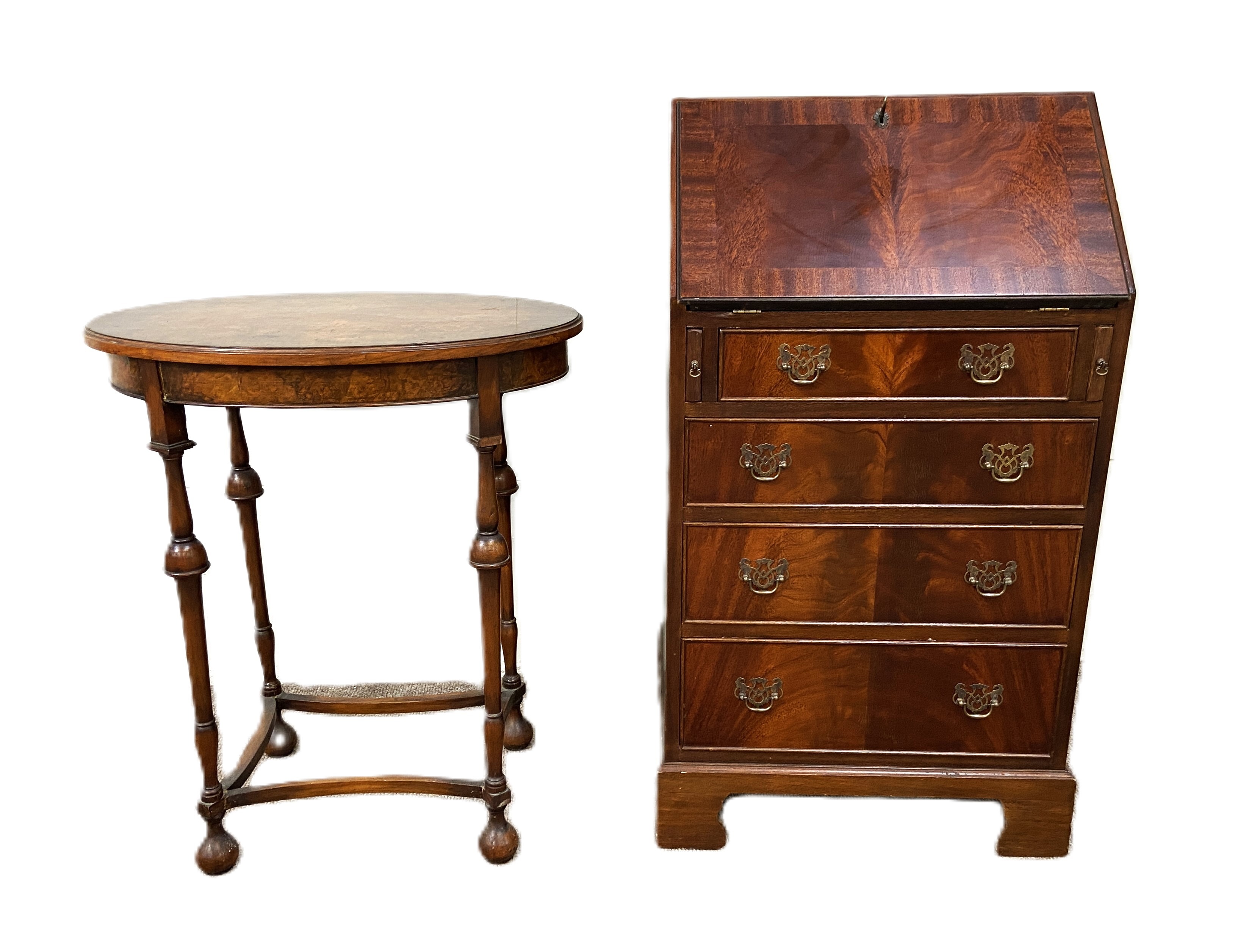 A small George III style mahogany veneered bureau, 97cm high, 57cm wide; also a small Edwardian