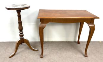 A Georgian style side table, with plain cabriole legs; also a small tripod table, with turned