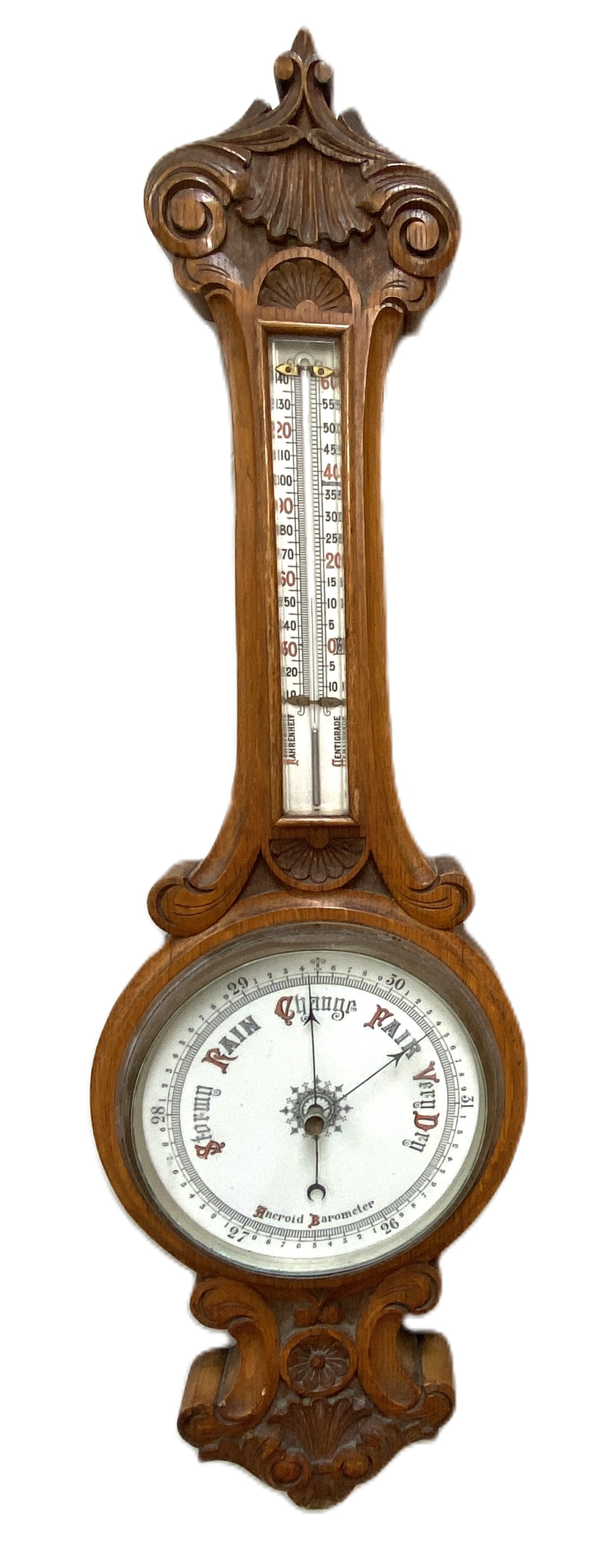 Two Victorian oak cased aneroid wall barometers, late 19th century, both with moulded and carved - Image 5 of 7