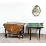 An oak gateleg table; a folding card table; small composition gilt wall mirror and a shooting