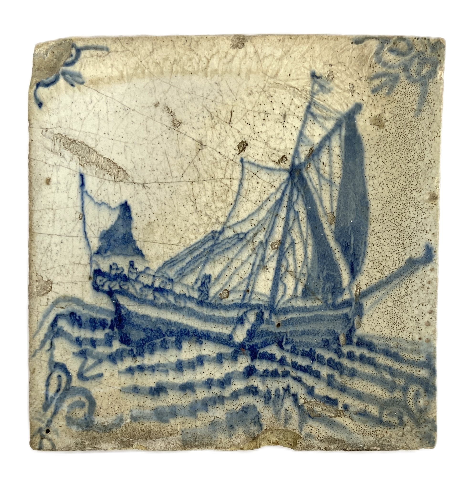Two Dutch Delft tin glazed blue and white decorated tiles (apparently found in an Amsterdam cellar); - Image 2 of 5