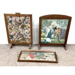 A Victorian decorative tapestry inset tea tray, with brass side handles; also a tapestry inset