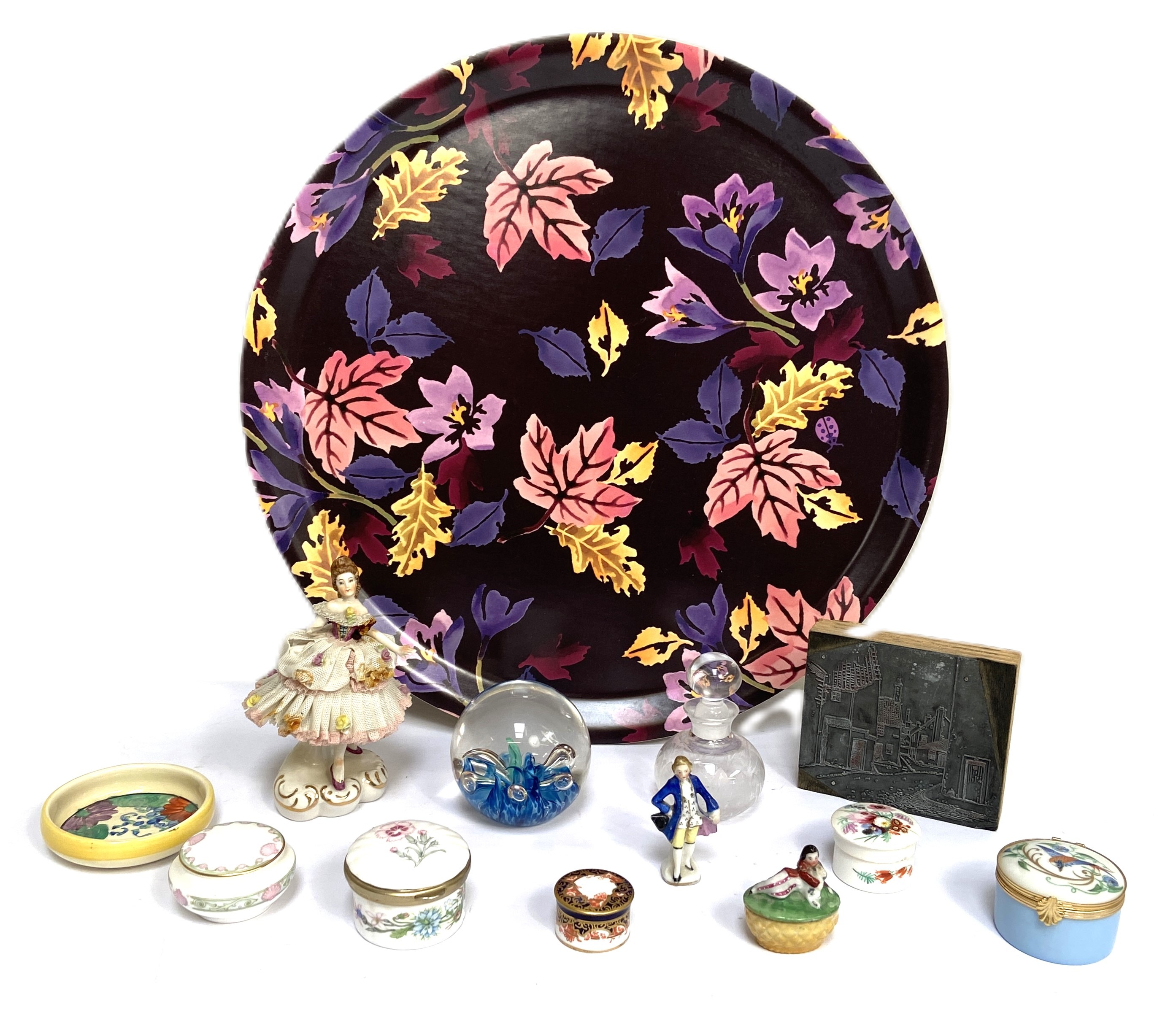 Assorted decorative novelty china, including a Clarice Cliff pin tray; a Selkirk Glass paperweight