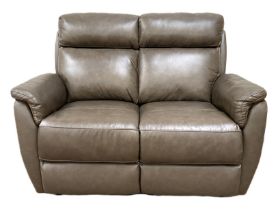 A modern dark brown leather reclining two seat sofa