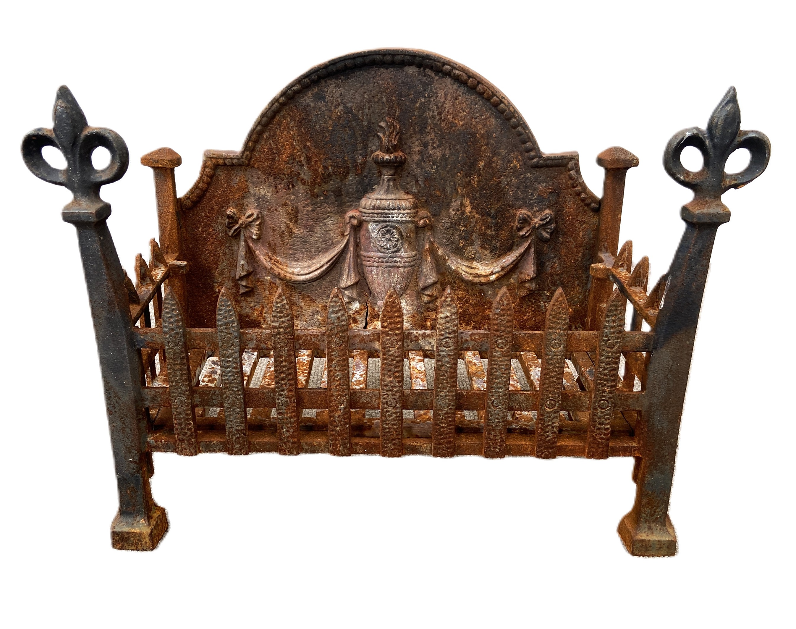 A vintage cast iron fire grate, with integral Adam style arched fire-back and fleur de lys finials