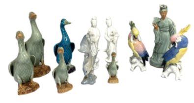 Assorted figures, including two Chinese blanc de chine figures of Guanyin; four figures of ducks and