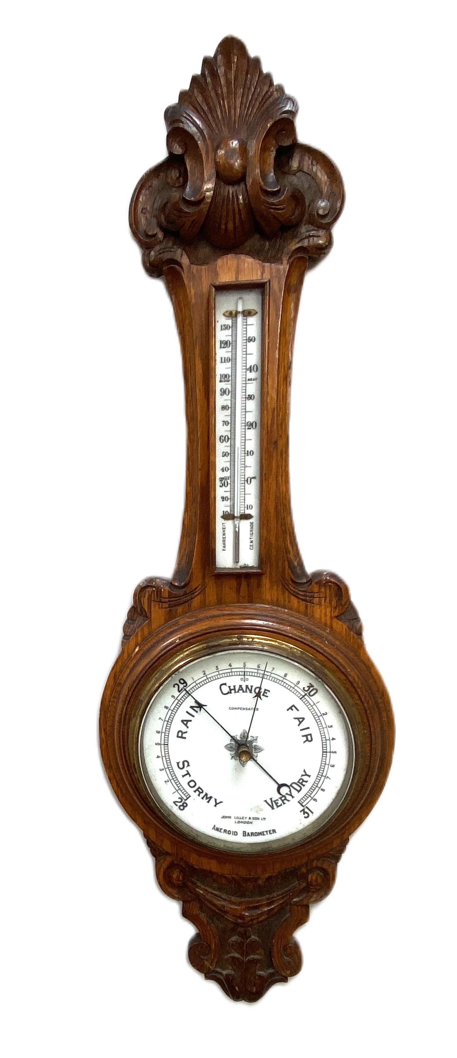 Two Victorian oak cased aneroid wall barometers, late 19th century, both with moulded and carved - Image 2 of 7