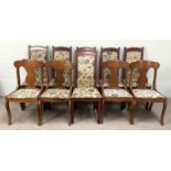 Ten assorted chairs, including a set of six vintage floral upholstered dining chairs and a set of