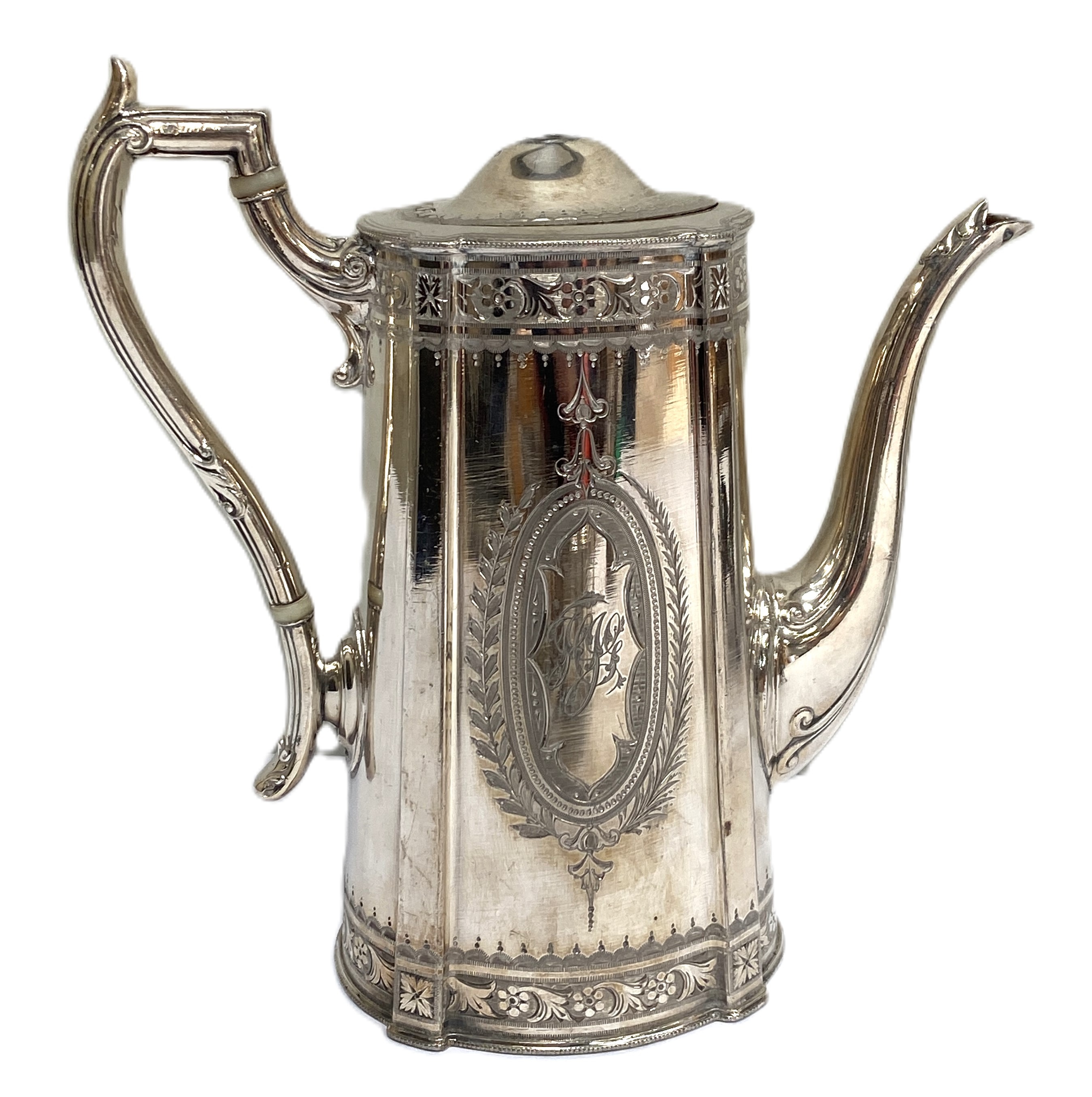 A Victorian silver plated four piece tea service, including a tea and coffee pot, jug and sugar - Image 4 of 7