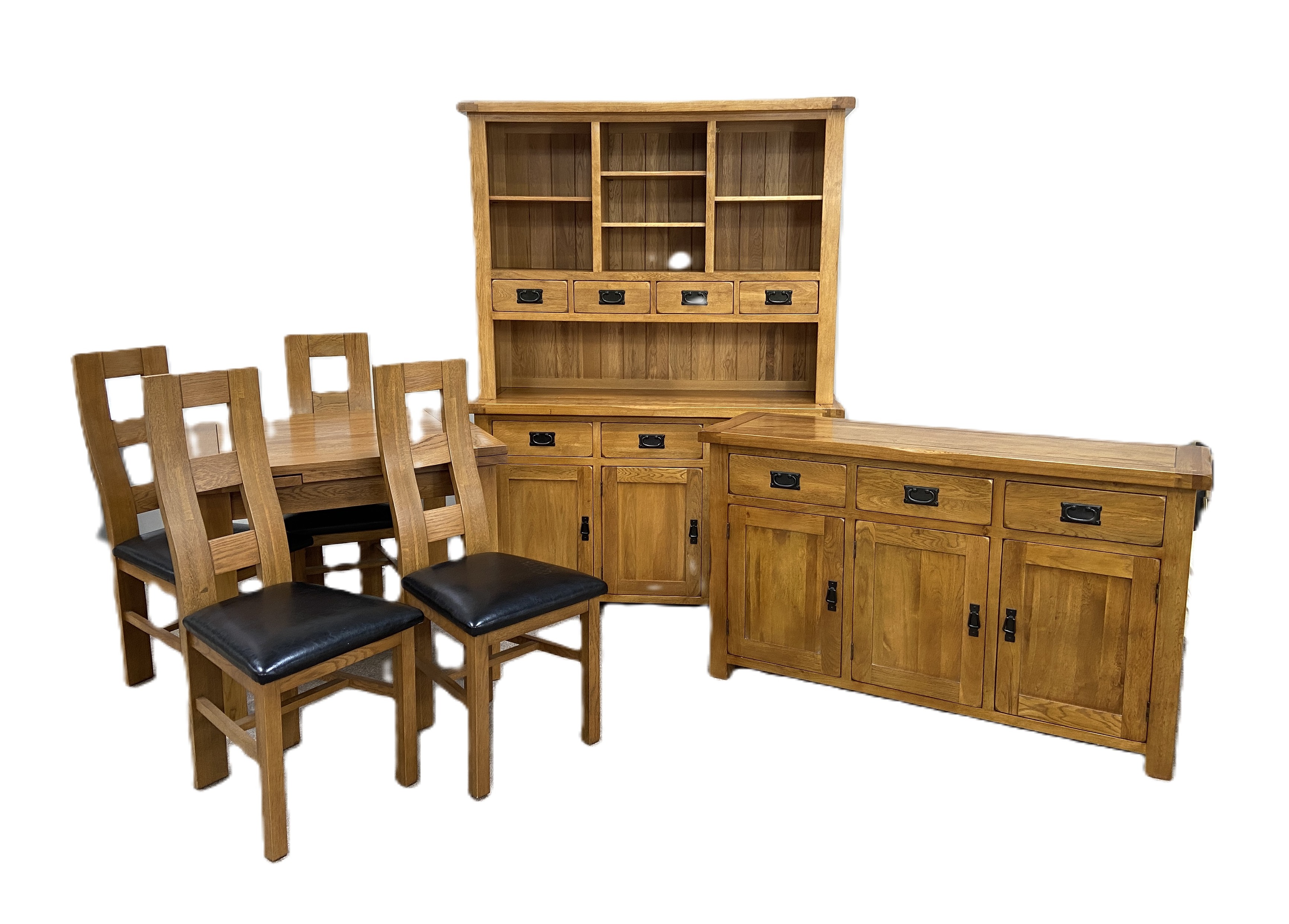 A large and modern oak dining suite, labelled JB Global, including a draw leaf dining table, four - Bild 6 aus 12