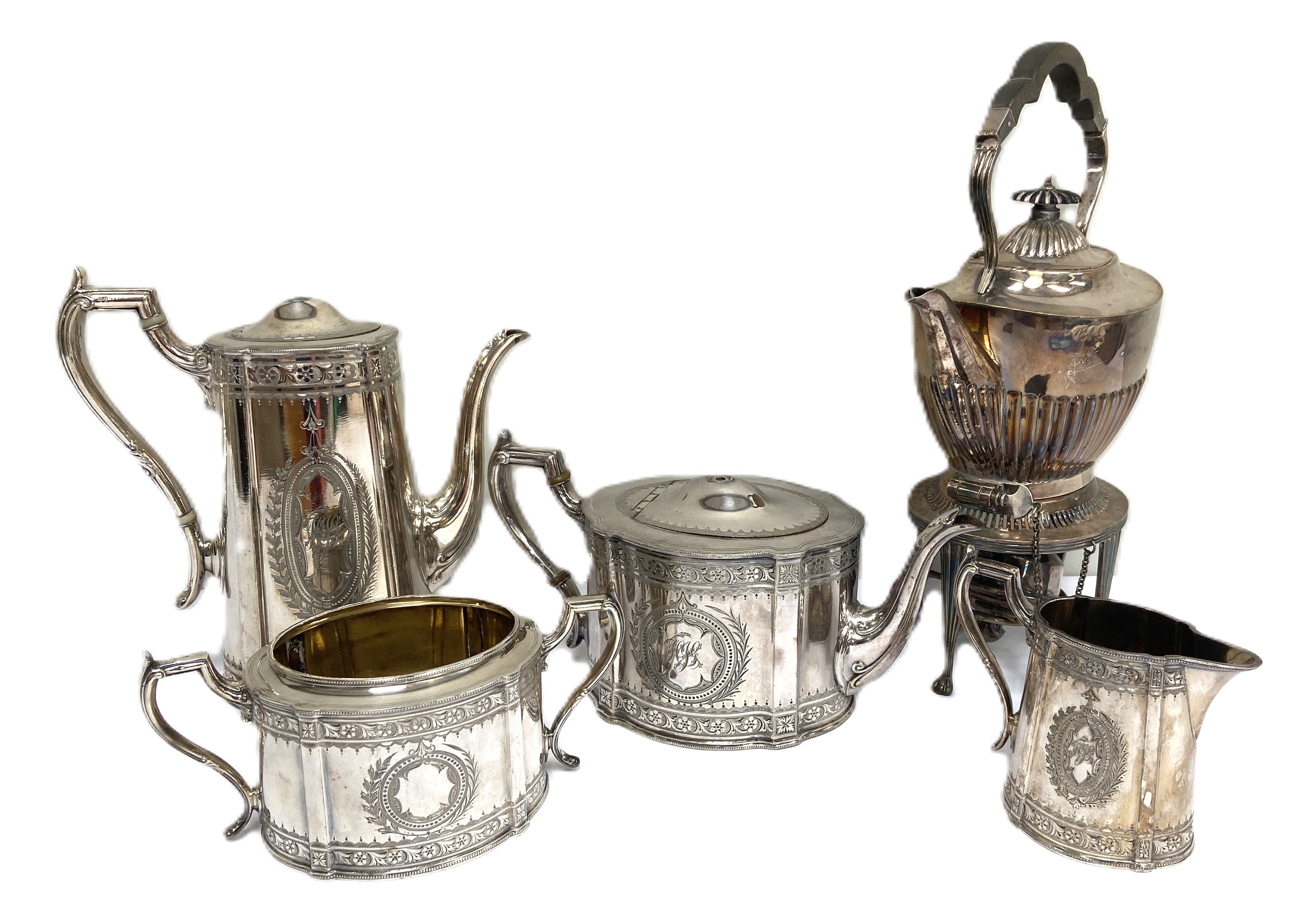 A Victorian silver plated four piece tea service, including a tea and coffee pot, jug and sugar