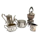 A Victorian silver plated four piece tea service, including a tea and coffee pot, jug and sugar