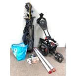 GOLF: A gold bag and folding golf trollley and assorted clubs, including Ping Cadence TR putter etc.