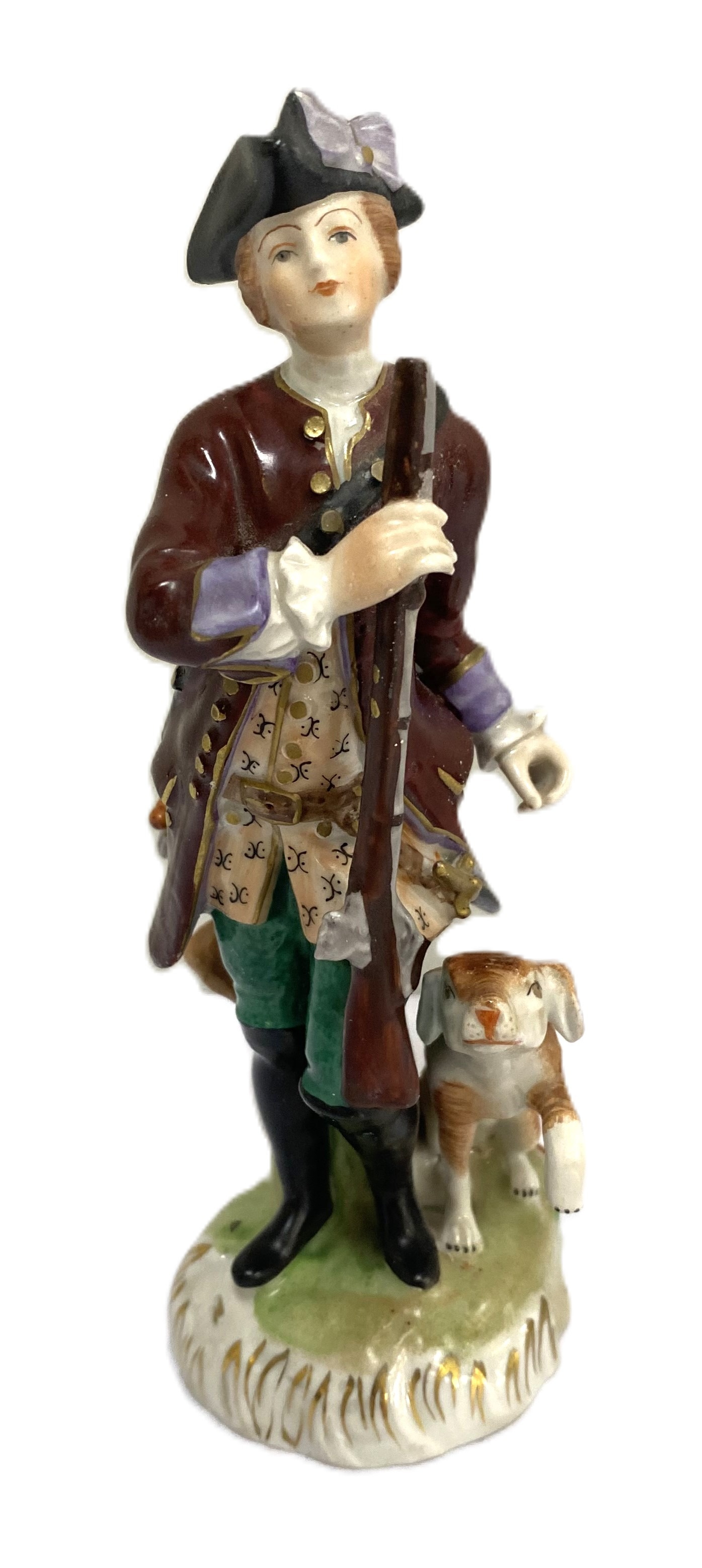 A pair of Dresden porcelain figures of a Lady and Gallant, dressed for hunting, she with a musket - Image 2 of 6