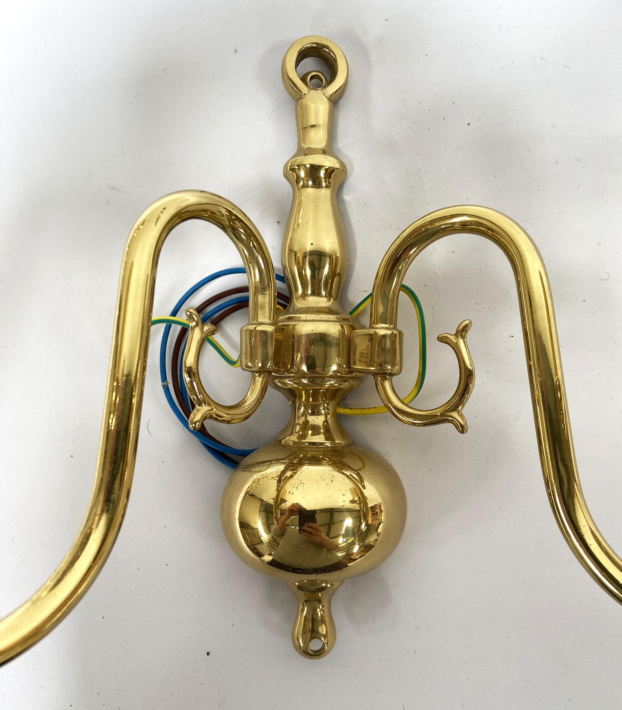 A set of four gilt metal twin light wall fittings, with scroll arms - Image 3 of 4