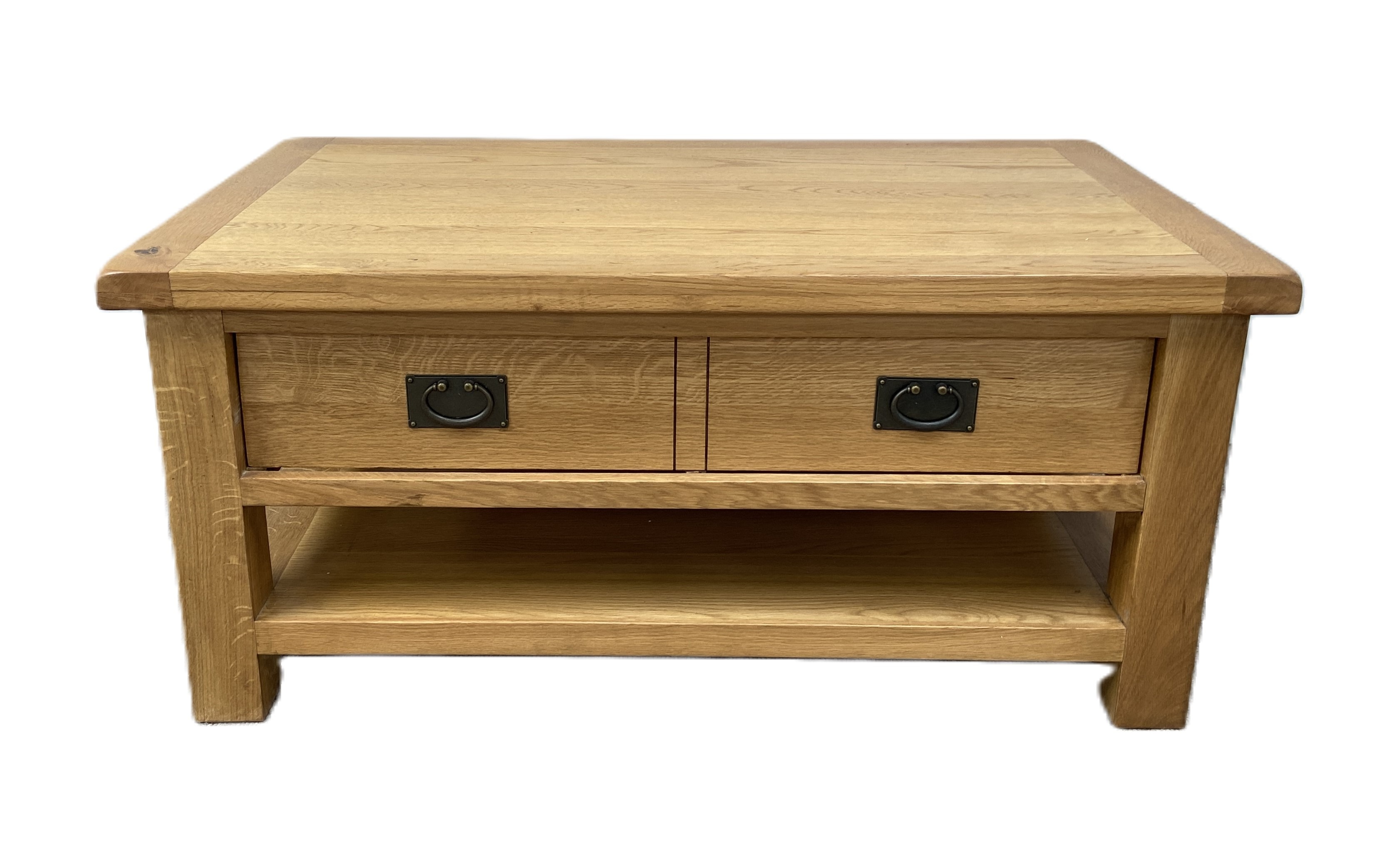 A modern oak coffee table, with rectangular planked top; together with a modern gilt framed wall