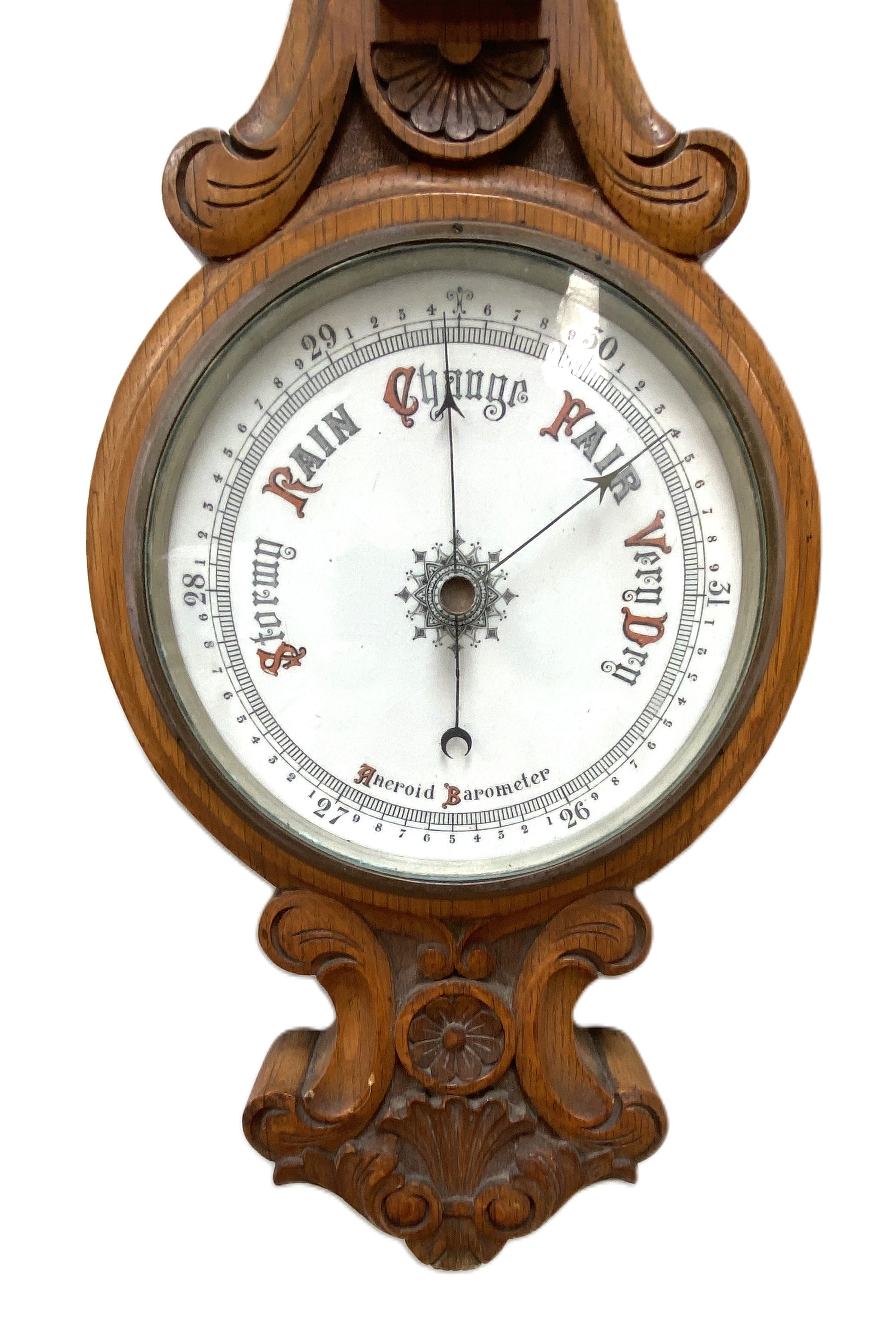 Two Victorian oak cased aneroid wall barometers, late 19th century, both with moulded and carved - Image 7 of 7