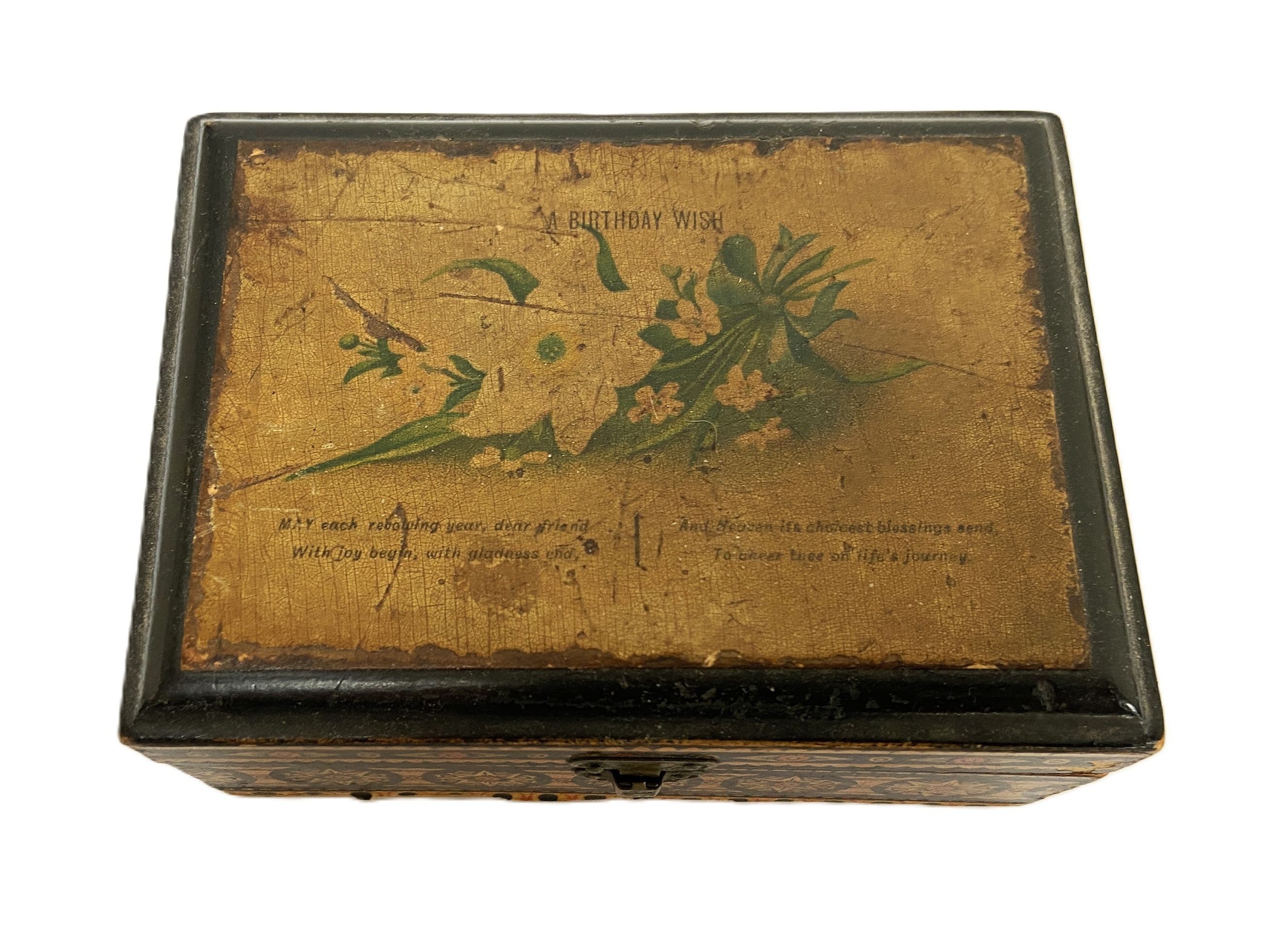 A selection of Victorian Mauchline boxes, including a glove box with print of Ruins of St Regulus,