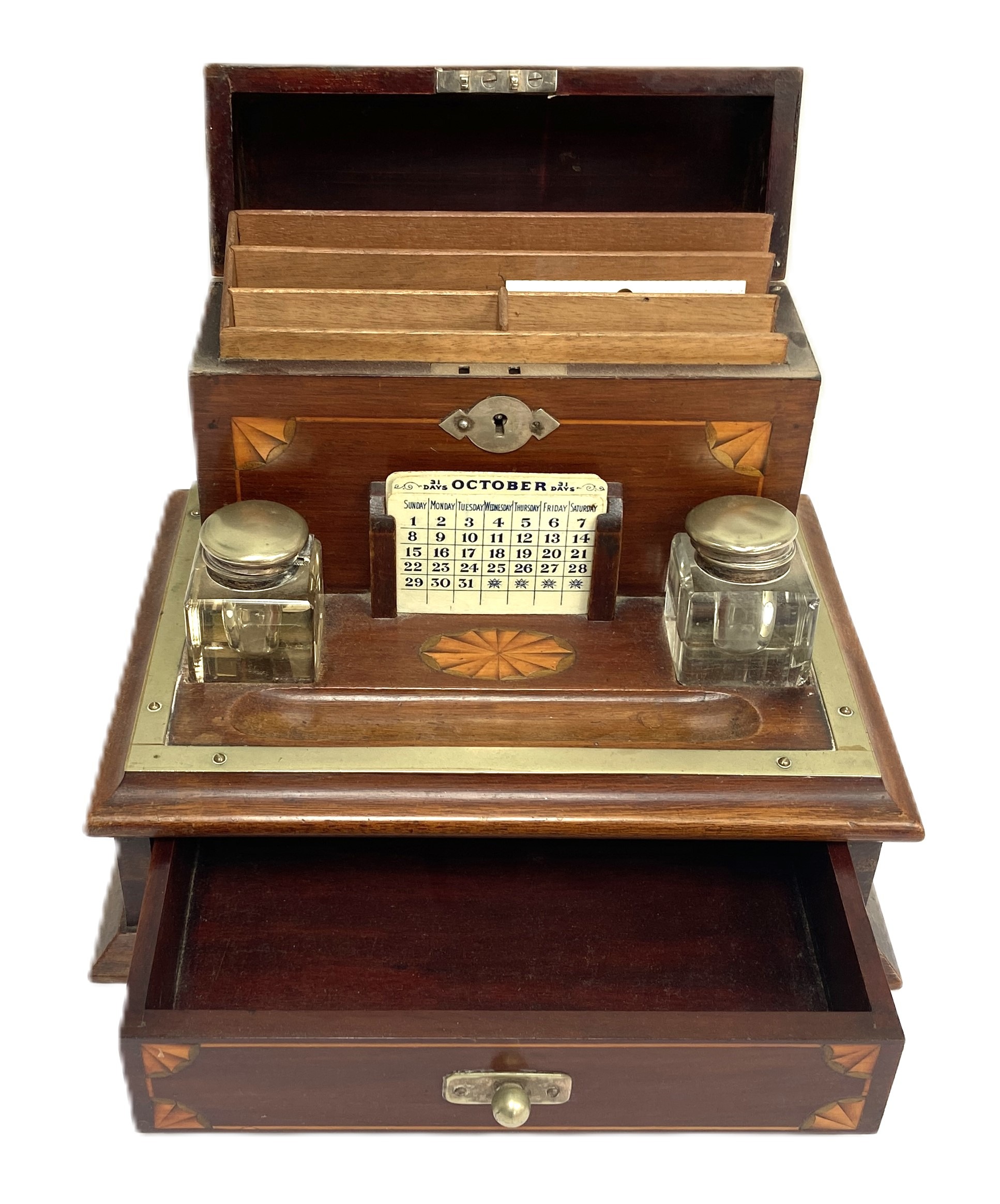 A late Victorian mahogany desktop stationary / inkstand, late 19th century, with an inlaid domed - Image 3 of 4