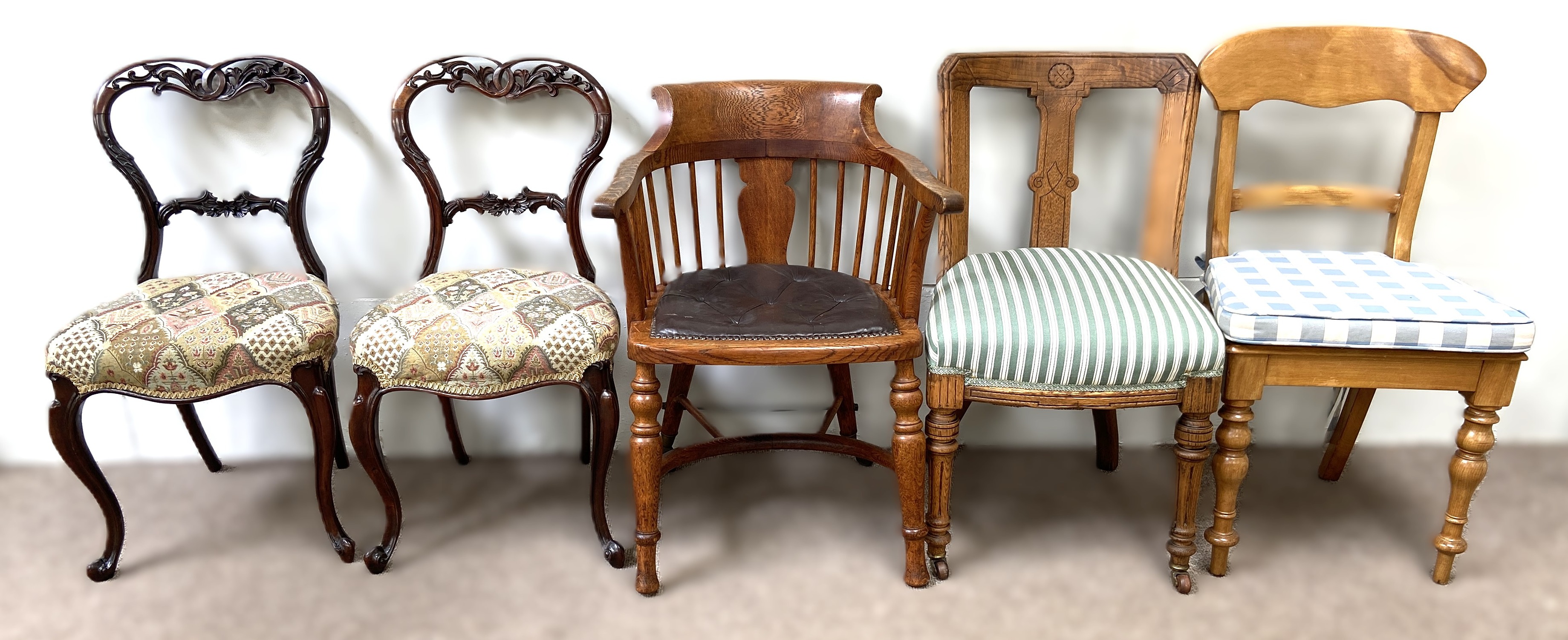 Five assorted chairs, including a pretty pair of early Victorian rosewood hoop backed dining chairs,
