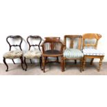 Five assorted chairs, including a pretty pair of early Victorian rosewood hoop backed dining chairs,