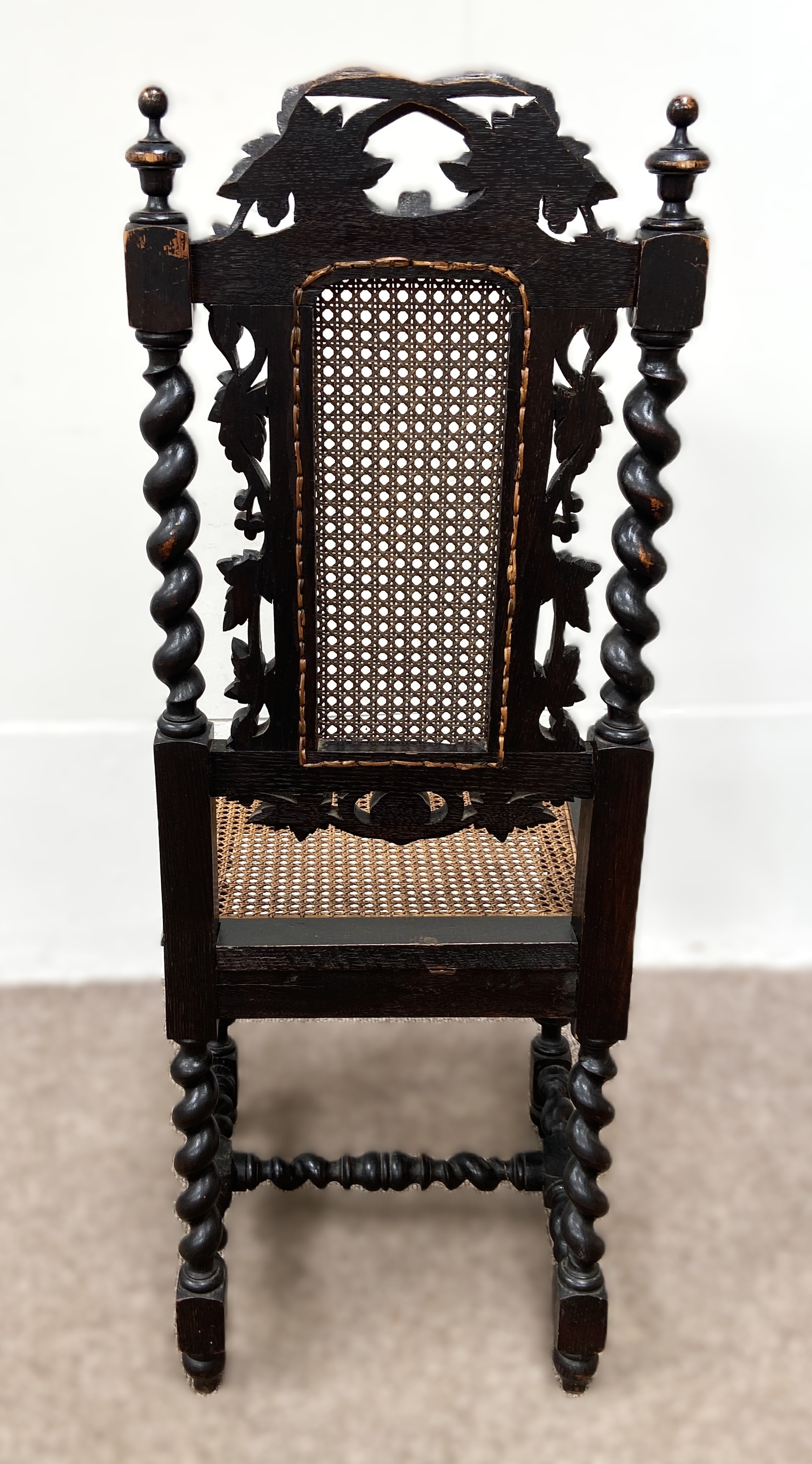 A pair of late Victorian oak framed hall chairs, with vine carved crests and caned seats; also two - Bild 7 aus 12