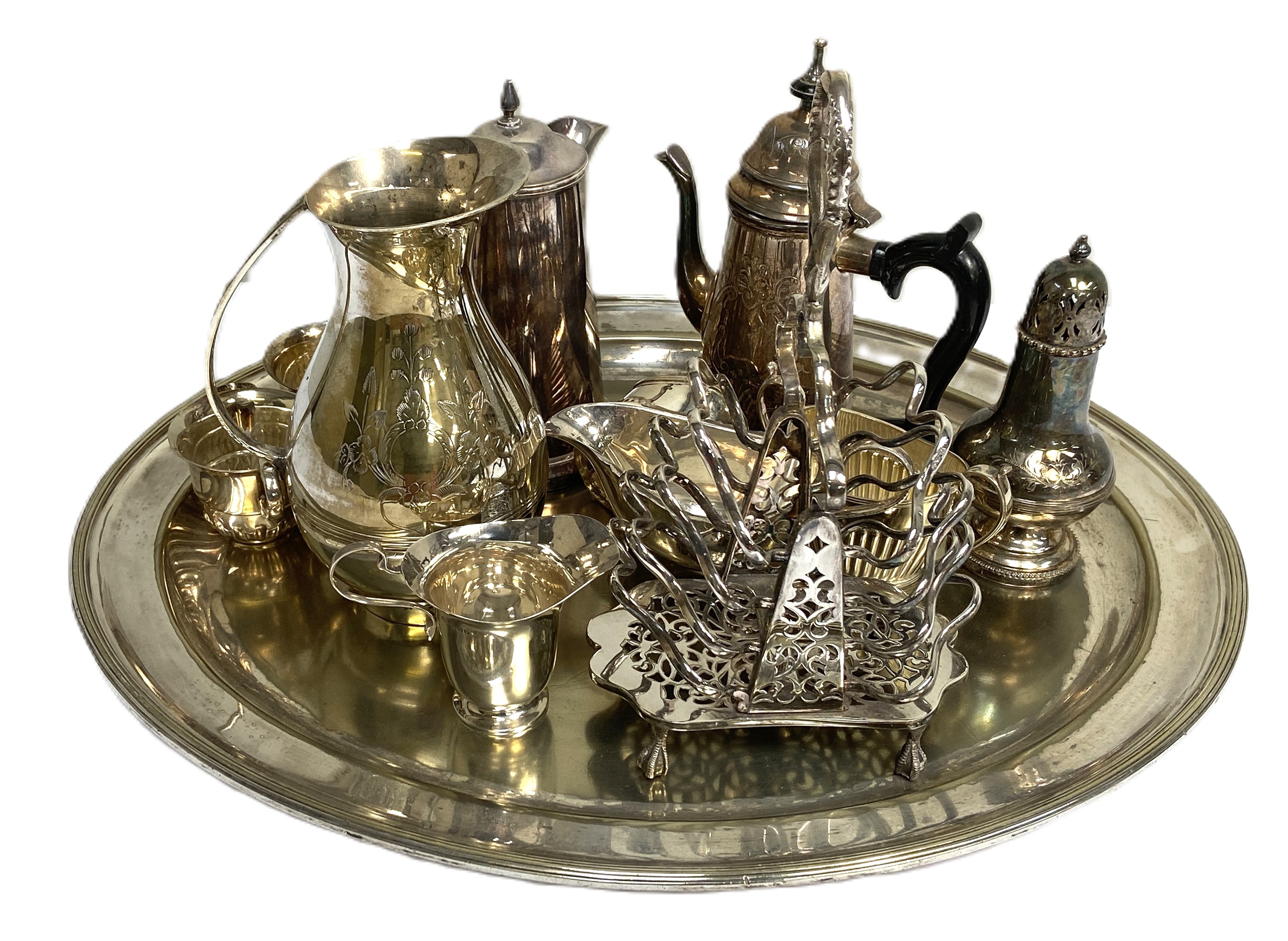 A quantity of assorted silver plate, including an eight section toast rack, a castor, water jug