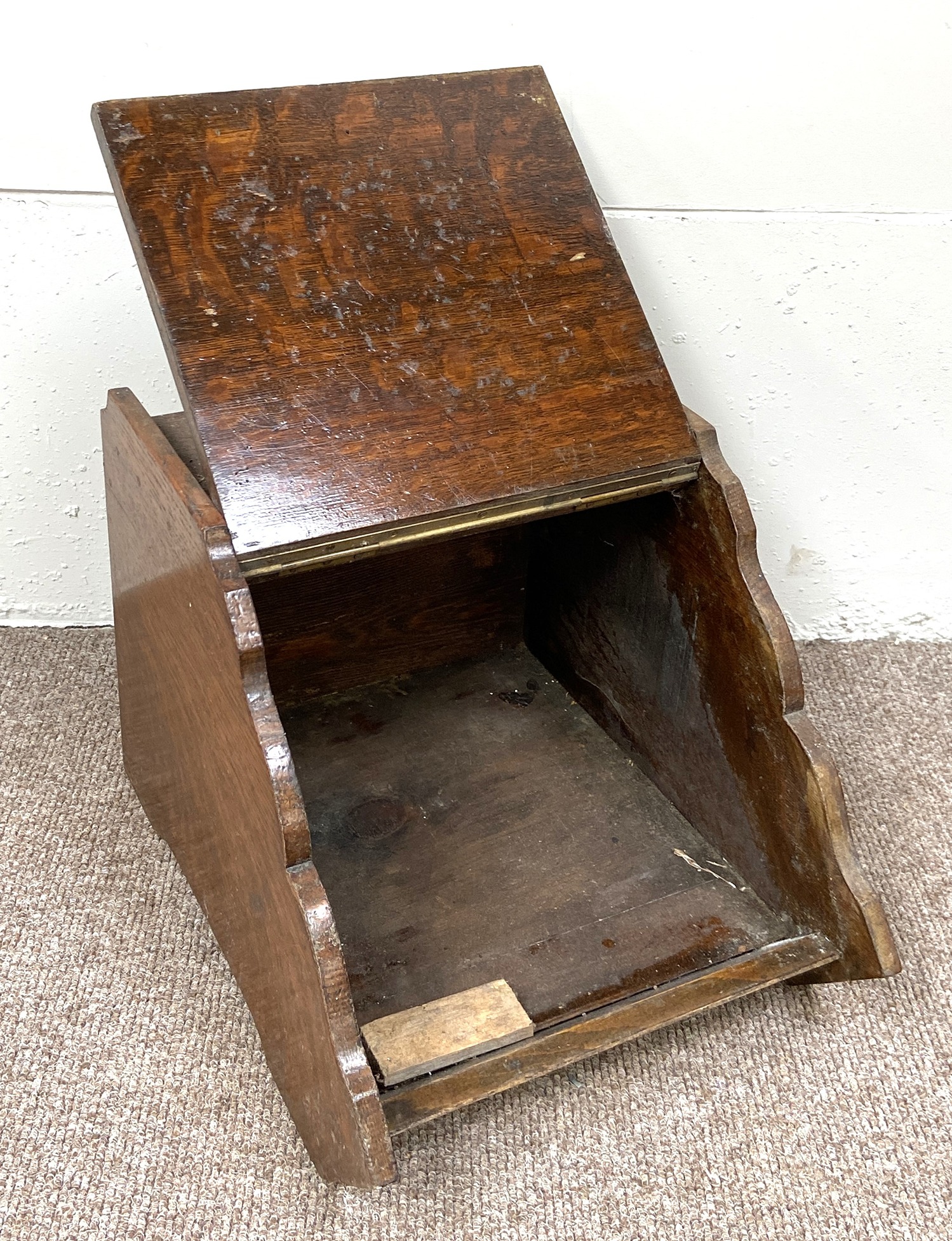 A Victorian carved front coal box, also two helmet coal scuttles and other items (a lot) - Image 5 of 5