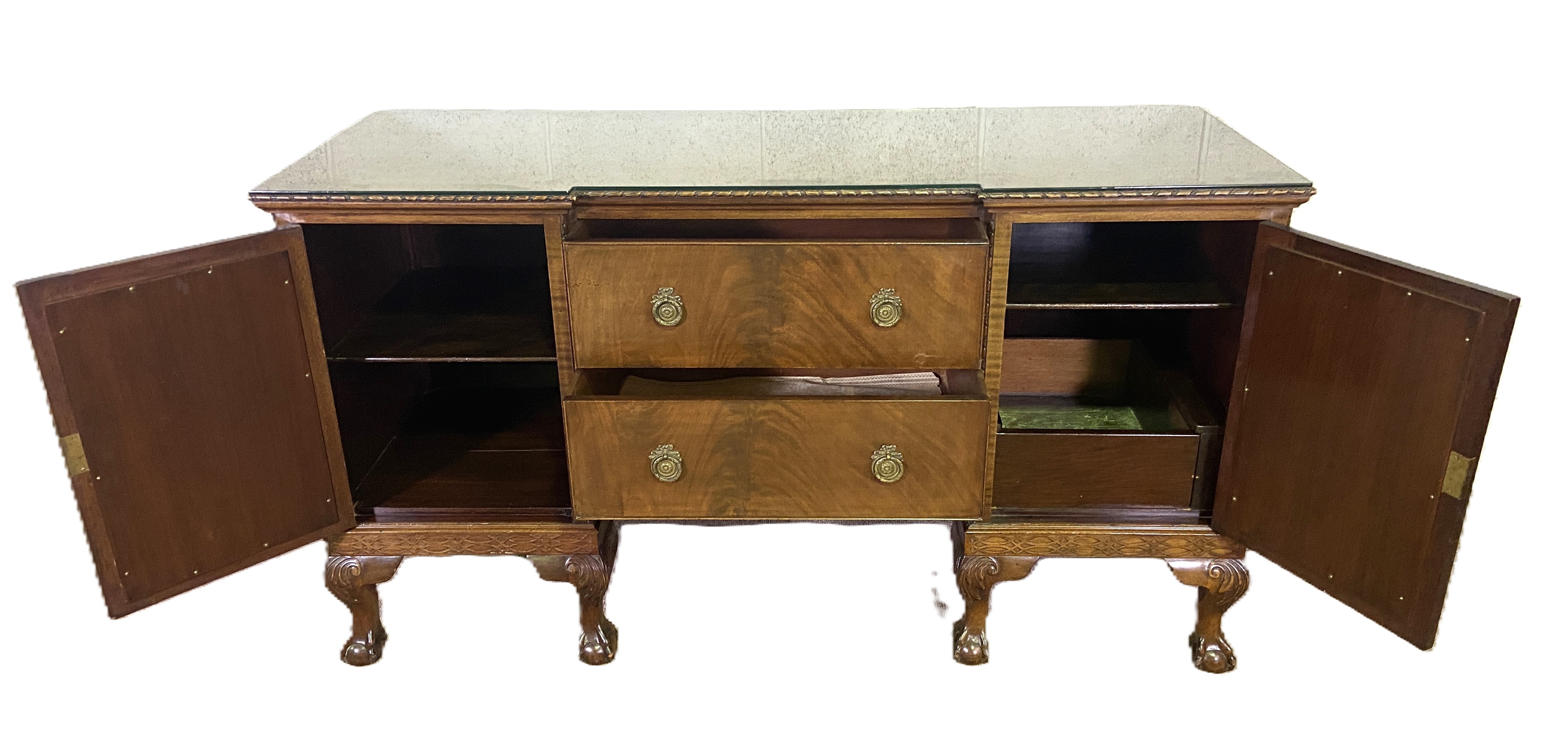 A George III style breakfront mahogany veneered sideboard, the plain top with a moulded edge, over - Image 4 of 4