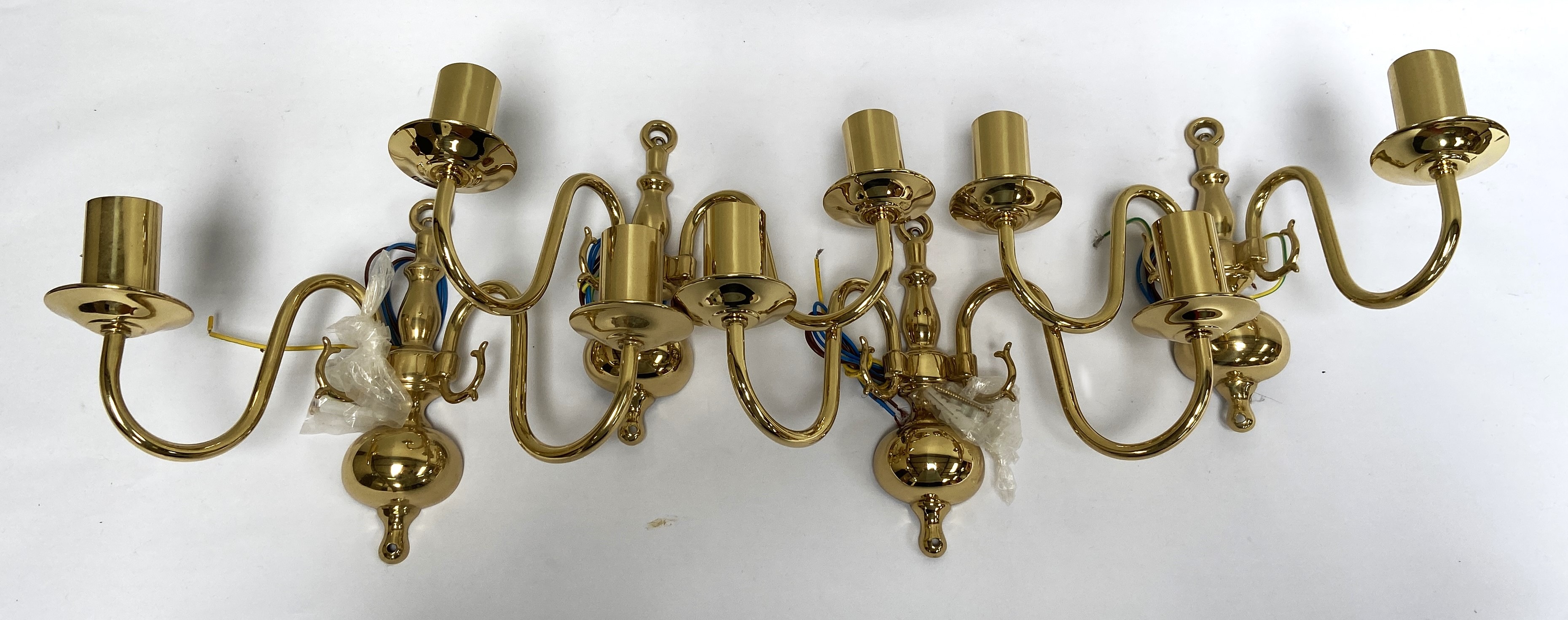 A set of four gilt metal twin light wall fittings, with scroll arms - Image 2 of 4