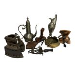 Assorted metalware, including a vintage iron, and an iron stand; an Islamic brass bowl and pewter