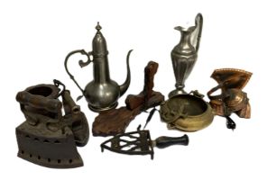 Assorted metalware, including a vintage iron, and an iron stand; an Islamic brass bowl and pewter